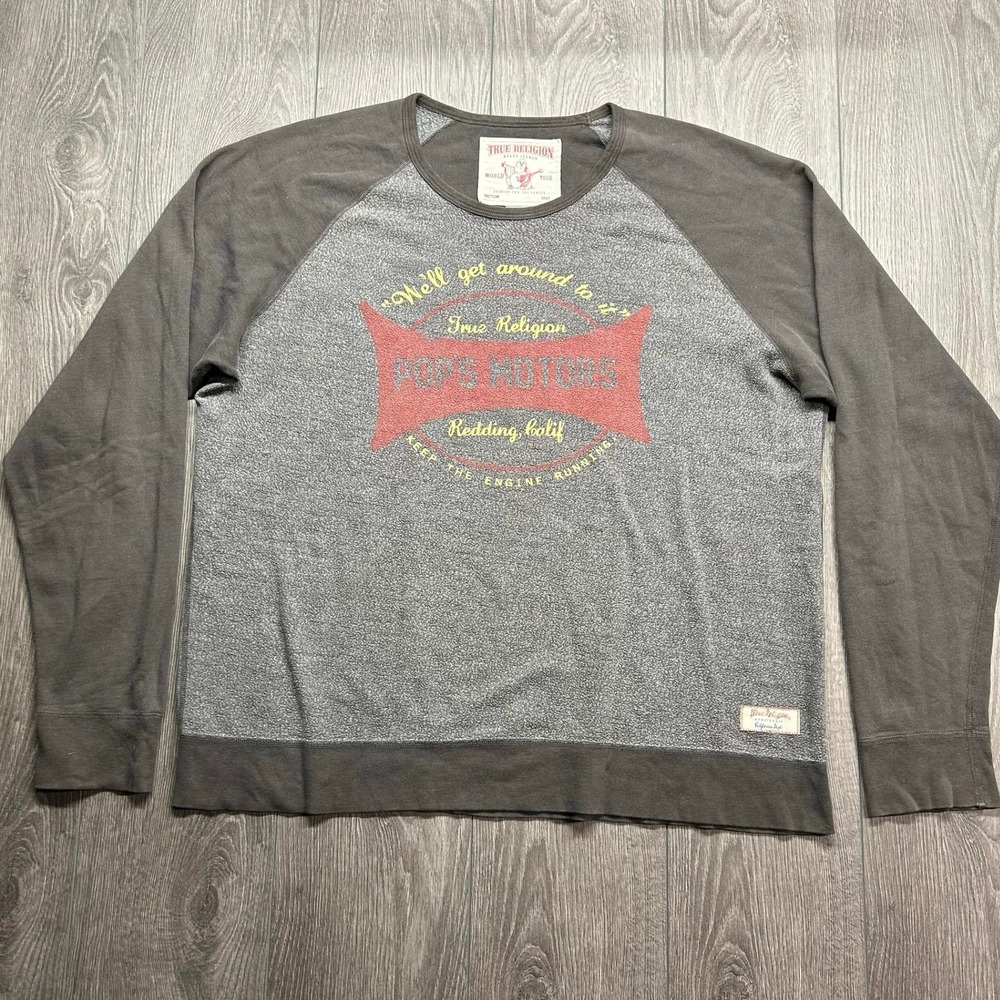 True Religion Mens Raglan Sweatshirt 3XL Grey Pops Motors Graphic XXXL Made USA